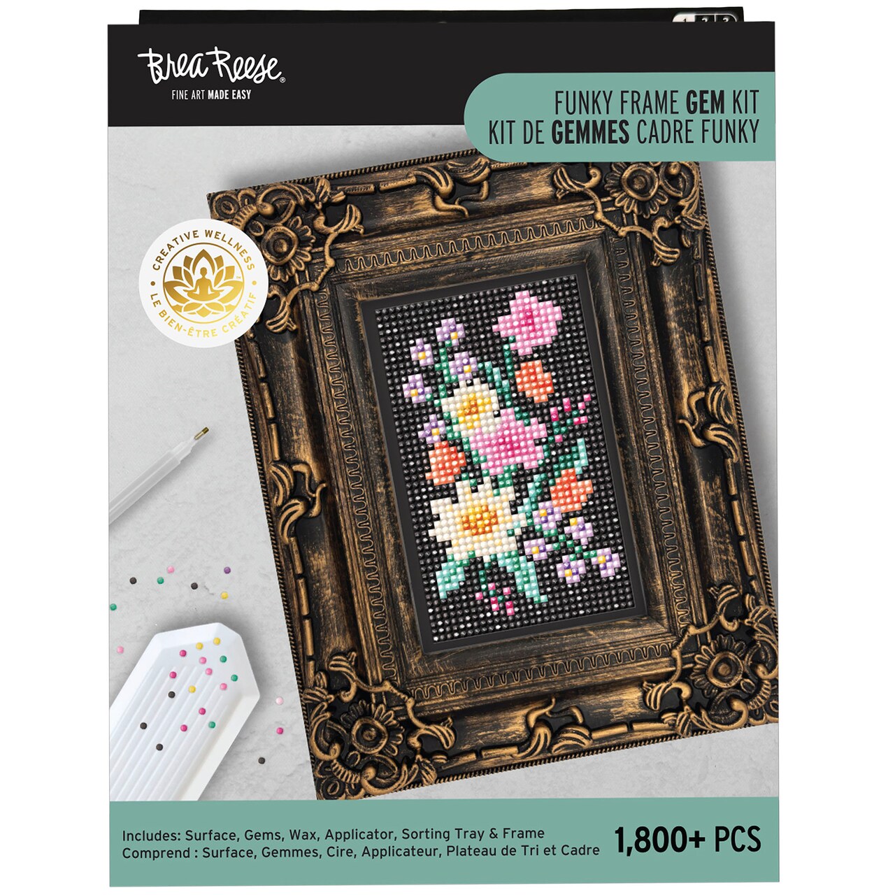 Vivid by Brea Reese: Funky Frame Gem Kit - Flowers - Peeel & Stick, Create A Colorful Bouquet Scene, 8x6" Golden Frame, Sorting Tray, DIY Adult Craft